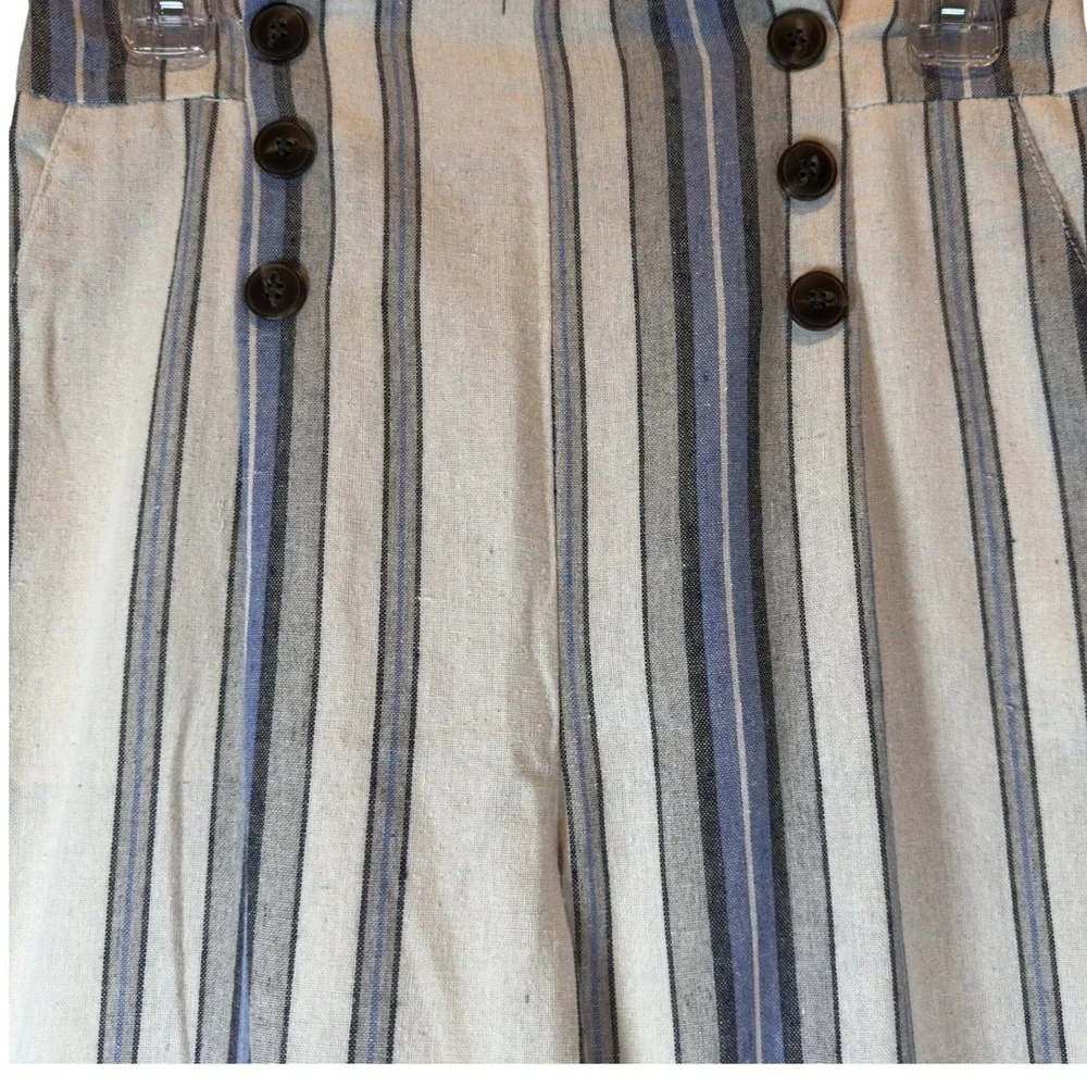 Ci Sono Linen Blend Wide Leg Pants Medium Blue Ivory Button Detail Coastal Style - Picture 3 of 10